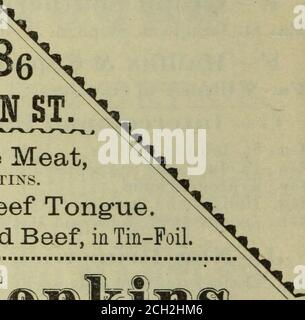. Les chemins de fer, les bateaux à vapeur et les lignes de scène des provinces de l'est. Guide des voyageurs au Nouveau-Brunswick, en Nouvelle-Écosse et à l'Île-du-Prince-Édouard... Mai et juin 1883 . Hachez la viande, DANS LES BOÎTES. Bœuf pressé à la langue. Bœuf pressé à corned, en feuille d'étain. brawn anglais mmm, bolognas, Sausa-ges, boyaux à saucisse, porc, * saindoux, jambon, bacon, gibier, X légumes et c. Vente en gros et au détail. Banque D'Images