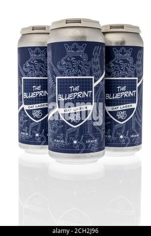 Winneconne , WI - 12 septembre 2020 : un pack de quatre bières de bière blonde Blueprint de Lions Tail bravant sur un fond isolé. Banque D'Images