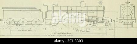 . American ENGINEER and Railroad journal . i in. Entre les centres et le jet de tous les cranks est 10 in. L'essieu à arbre à rangs possède des tourillons de 9 in. De long par 8;4 in. De diamètre et ses. ÉLÉVATIONS DE Fori; CYLINDRE SIMPLE LOCOMOTIV] mari i AMERICAN INGÉNIEUR ET CHEMIN DE FER fOURNAL. Le diamètre 1D3 au niveau de la partie centrale, entre les deux manetons intérieurs, est de 7 in. Les bobines de manivelle sont de la forme circulaire ou disque, avec un di-ameter de i ft. 81 po^ et une épaisseur uniforme de 4 po La distance entre les centres des tourillons est de 3 ft. g/: In. Et entre les broches intérieures des manetons 2 ft. t in. La distance entre le weencenter Banque D'Images