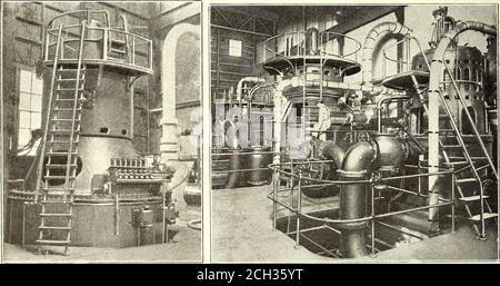 . Tourillon de chemin de fer électrique . comprend deux souches Smith-Vailepimps, avec cylindres de 12 po x 8 po x 12 po Un compteur Venturi installé dans l'extrémité de décharge des pompes d'alimentation de la chaudière fournit un moyen prêt pour mesurer l'eau d'alimentation. Un mètre de dérivation est disponible. L'eau d'alimentation de la chaudière est chauffée par deux réchauffeurs fermés Goubert, d'une puissance nominale totale de 3000 ch, et deux réchauffeurs ouverts d'une puissance nominale totale de 6000 ch. Les chauffe-bches ont été construits par la compagnie John Angell, St. Louis.All les auxiliaires et les condenseurs de surface s'échappent dans les chauffe-eau. ÉQUIPEMENT DE TURBINE l'unité nouvellement installée est un Banque D'Images