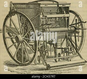 . Traité rudimentaire sur le génie agricole . qui suit peut, en simplicant un levier, le mettre en action ou hors de l'action sans arrêter le progrès de la machine. Une amélioration a également été faite en ayant des barres de deux blocs, par lesquels la disposition des poids aux extrémités des leviers ont exactement la même pression sur chaque coutre, déposant ainsi la semence à une profondeur uniforme. MM. Hornsby, comme MM. Garrett, fabriquent toutes les autres descriptions de forage, adaptées aux grandes ou petites exploitations, pour les différents types de semences et les méthodes de semis. Figure 23représente le semoir à deux rangées de Banque D'Images