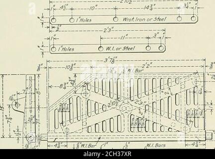 . Ingénieur américain . ble à la vie de la barre de grille et de la grille à ordures. Toute mise au rebut de environ la section illustrée sur la Fig. 3 (,y2 in. x2 in.) peuvent être utilisés pour ces bandes ; les anciennes plaques de chaudière de 5/16 in. À J4 in. D'épaisseur peuvent être coupées et redressées à cet effet. Les bandes doivent être chauffées avant d'être utilisées, afin de préventiler la collecte d'humidité. Un dispositif de verrouillage très facile à entretenir pour les grilles de vidage est 586 ÂGE FERROVIAIRE GAZETTE, ÉDITION MÉCANIQUE. 87, n° 11. Illustré sur la Fig. 4. La clavette ou le verrou est fixé à la tête arrière, en particulier lorsque des feux de stop mécaniques sont utilisés et une cabine ou un charbon fin Banque D'Images