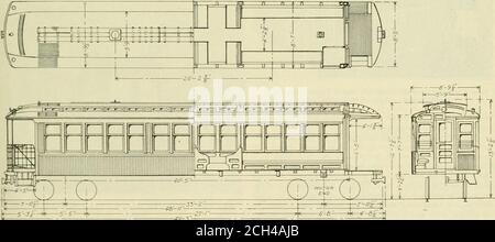 . Revue de chemin de fer électrique . Nouvelles voitures surélevées pour Brooklyn Rapid Transit Company—vue latérale d'une voiture standard. Type versible de série sur cette route et qui est désinedpour répondre à leurs conditions particulières de service et de circulation. Les châssis sont en acier embouti et les châssis latéraux sont en bois, renforcés de profilés et de plaques en acier. Dimensions.les dimensions générales des voitures sont les suivantes: Longueur sur plate-forme 48 ft. 11 po Longueur sur la gaine d'extrémité 40 ft. 5 po Longueur entre les centres des chariots 33 ft. 2 po Moteurs Westinghouse de type 300 de 200 chevaux, adaptés à une theratio de 19 à 64, et Banque D'Images