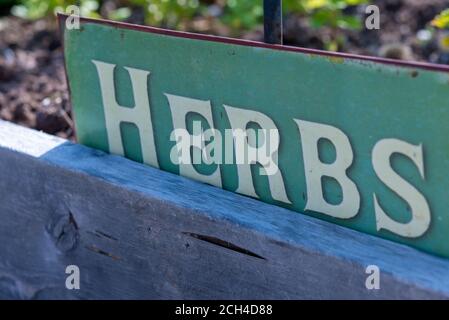 Un signe de métal vert avec des lettres majuscules blanches épelant le mot herbes. Le panneau métallique se trouve dans une boîte à légumes en bois. Banque D'Images