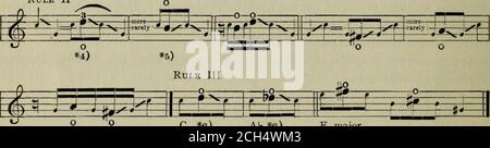 . La théorie et la pratique des relations tonales; un cours élémentaire d'harmonie en mettant l'accent sur l'élément de mélodie . 4-B—0¥fm--*—(►—s fi*± T4 P  P  Q i j5? ffi J *1) f «2) S^$r*—B r *3&gt; règle II C *e) AB *e) E majeur Banque D'Images