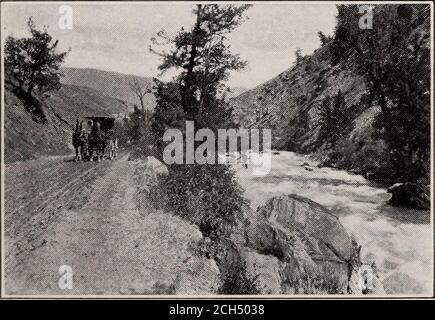 . Tout sur les excursions et les tarifs dans Yellowstone Park . La visite dans le parc doit être terminée d'ici le 19 septembre 1915. La moitié de ce tarif ne sera pas faite pour les enfants, mais la compagnie de scène dans le parc fera la moitié de la ratepour les enfants de cinq ans et moins de douze ans, et la compagnie hôtelière fera la moitié des tarifs pour les enfants de moins de huit ans. Les tarifs de l'hôtel sont de 5.00 $ et plus par jour, en accord avec l'hébergement désiré. C'est le billet utilisé dans le Trip de parc régulier et inclut toutes les dépenses nécessaires et habituelles pour la visite complète du parc. DE LIVINGSTON À BILLINGS, VIA GARDINER ET CODY 5,05 $ Banque D'Images