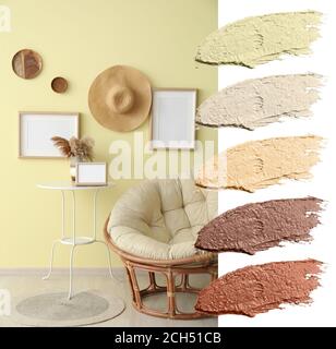 Intérieur de la chambre avec cadres photo et fauteuil. Différents motifs de couleur Banque D'Images