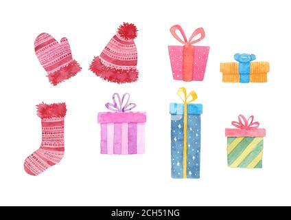Ensemble cadeau aquarelle mignon. Éléments décoratifs isolés sur fond blanc. Illustrations peintes à la main. Masque. Banque D'Images
