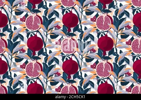 Motif Art floral vectoriel sans coutures. Arbre grenade avec fruits bordeaux. Illustration de Vecteur