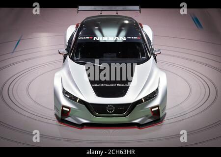 La voiture de course Nissan Nismo GT-R est présentée au 89e salon international de l'automobile de Genève. Genève, Suisse - 5 mars 2019. Banque D'Images