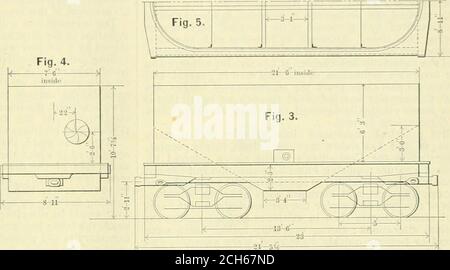 . American ENGINEER and Railroad journal . axlesof ce camion ont 44 X 8-in.journaux ; centres de revues,6 ft. 3 in. l'un à l'autre. Les sprmgssont du type hélicoïdal. Les essieux sont espacés de 5 ft. Entre les deux essieux, et les roues ont 33 in. De diamètre. Le camion est de type diamant ; le bol-ster est composé de trois types tim qui ont été trouvés sous-vidable dans le même tratlic. I-igs. I et 2 présentent une vue latérale et une vue d'extrémité de la gondole à trémie standard utilisée pour le coaltrafiic sur Baltimore et OhioRadroad. Les dimen-sions générales sont indiquées dans la gravure :la longueur de la boîte à l'intérieur est de 24f Banque D'Images