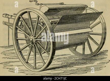 . Traité rudimentaire sur le génie agricole . la livraison de ceux qui sont les plus difficiles à distribuer. Le fumier est livré de la boîte par l'abarrel, composé d'un arbre équipé de griffes, qui le reporte, et, ce faisant, il entre en contact avec une série de racleurs, qui se montent avec, et nettoyer le fût asit fait tourner le fumier; ensuite, en descendant les pousses, les orconducteurs, il est uniformément réparti sur toute la surface, ou les inrows, selon les besoins. Les tiges, ou conducteurs, repêchés avec des tiges de fil, fixées en lignes alternées, leur donnaient l'effet d'un tamis, où Banque D'Images