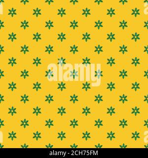 Motif festif et sans couture composé de flocons de neige verts en petits arbres de Noël taillé sur fond jaune vif. Banque D'Images