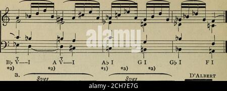 . La théorie et la pratique des relations tonales; un cours élémentaire d'harmonie avec l'accent sur l'élément de mélodie . en No 5, parce que la notation, pendant une telle extensivemodulation, est plus commode avec les accidents. — *6) analyser soigneusement les basses. CHAPITRE XL.MODULATIONS DE SÉQUENCE ET DE CADENCE. 230. Dans toutes les modulations précédentes, à la fois liées et étrangères, la règle fondamentale donnée au paragraphe 198 a été strictement observée. Butmore des modes de transition abrupts et irréguliers sont possibles, sous favorigablecircumstances. Les conditions les plus favorables sont offertes par le momen-notaire br Banque D'Images