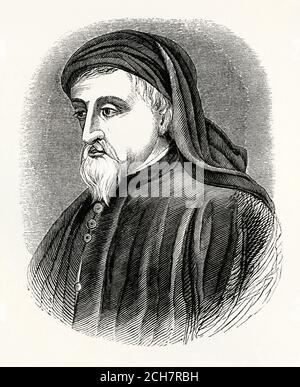 Une ancienne gravure de Geoffrey Chaucer (c. 1340s –1400). Il était poète et auteur, largement considéré comme le plus grand écrivain anglais du Moyen-âge et il est plus connu pour les "Canterbury Tales". Il a été le premier écrivain à être enterré dans ce qui s'appelle depuis le coin des poètes à l'abbaye de Westminster. Chaucer était aussi philosophe et astronome. Il a fait carrière dans la fonction publique en tant que diplomate et est membre du Parlement. Il a écrit de manière célèbre dans le "violon anglais" à une époque où les langues écrites dominantes dans le pays étaient toujours le français et le latin. Banque D'Images