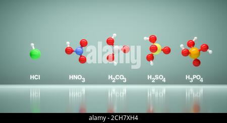 Modèles de molécules acides HCl, HNO3, H2CO3, H2SO4 et H3PO4. Couleurs des atomes : blanc hydrogène, gris carbone, bleu d'azote, vert chlore, rouge oxygène, Sulfu Banque D'Images