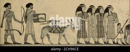 . L'aube de la civilisation: Egypte et Chaldaea . UNE PARTIE DE LA BANDE ASIATIQUE, AVEC des BÊTES TI1EIK, A APPORTÉ DEVANT KHNÛMHOTPÛ. Se contentait de se repentir de leurs attaques. Amenemhâit I. avait com-plenté la ligne des forteresses à travers l'isthme,1 et ceux-ci étaient insouciants par ses successeurs. Les pharaons n'étaient pas ambitieux de tenir... ... :   v:j. LES FEMMES PASSANT EN PROCESSION, EN CHARGE D'UN GUERRIER ET D'UN HOMME JOUANT SUR LE LYRE. Balancer directement sur les tribus du désert, et scrupuleusement évité interféringavec leurs affaires aussi longtemps que les seigneurs des Sables acceptaient Banque D'Images