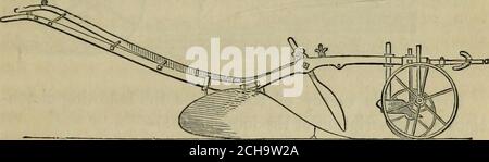 . Traité rudimentaire sur le génie agricole . forme ngulaire, pour le sousolage et le labourage entre les rangées de haricots ou de racines. Le coutre de Theskim avec lequel il est monté est d'une grande importancelors du labourage du sol et du chaume ; il précède le coutre de thecommon, le paring et la rotation dans le sillon theherbage sur la surface, de sorte que lorsque le sol est turnedover par la charrue rien d'herbe ou de mauvaises herbes n'est laissé pour enfler entre les sillons ; par conséquent, le matterthus végétal enterré, au lieu de vivre sur le sol, décompose et sert à enrichir la terre. Il sera également plus utile Banque D'Images