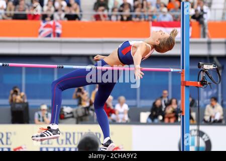 Isobel Pooley, en Grande-Bretagne, en action lors du saut en hauteur lors du premier jour des Championnats d'athlétisme européens 2016 au stade olympique d'Amsterdam. Banque D'Images