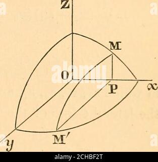 . Un nouveau traité sur les éléments du calcul différentiel et intégral . ^ la révolution d'une seule branche du cycloïde, ex. 5. Volume d'un ellipsoïde, prendre pour les axes de coordonnées les axes principaux de l'ellipsoïde. L'équation de sa surface est alors -^ -^t^—^ = 1.a^ b^ c^ la section PMM de l'ellipsoïde réalisée par un plan paralléloque sur le plan zoy, Et à la dis-tance OP = X de l'origine, hasfor son équation y 2   X^ h^ c- a les demi-axes de cette section seront trouvés en faisant en successession2 :z^ 0, 2/ = 0 ; ils sont. N a- a- donc la zone de la section est ^ a- a- et, pour t Banque D'Images