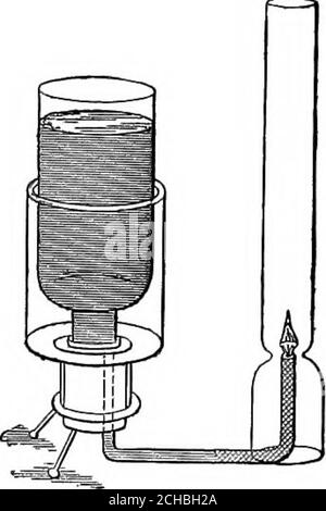 . La science physique élémentaire inductive avec un appareil peu coûteux, et sans équipement de laboratoire . Aux. 28. Aux. 28. Il s'agit d'une lampe d'étudiant, dont l'opération est facilement étudiée, car, à l'exception d'un corkand deux ongles, il est entièrement fait de verre. Le corkétroitement s'adapte à la demi-bouteille inversée, et est perforépour un tube à travers lequel l'huile atteint la mèche. Les Twonails sont entraînés dans le liège, et, avec le tube, formele support de la lampe. La cheminée repose sur le tubeet deux morceaux de bois, qui sont séparés juste assez pour permettre un tirage suffisant, ce dernier étant facilement advu Banque D'Images