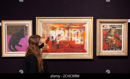 Bonhams, Londres, Royaume-Uni. 14 septembre 2020. Aperçu de la vente d'art moderne britannique et irlandais qui aura lieu le 16 septembre au salon Bonhams Knightsbridge. Image: Trois tableaux de Mary Fedden R.A. (Grande-Bretagne, 1915-2012) incluant (au centre) Paysage avec des figures et des chevaux, 1956, estimation £15,000 - 20,000. Crédit : Malcolm Park/Alay Live News. Banque D'Images
