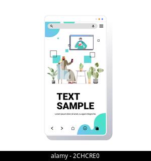patient arabe discutant avec une femme arabe médecin dans le navigateur web fenêtre consultation médicale en ligne coronavirus quarantaine auto-isolement concept smartphone illustration vectorielle à l'écran Illustration de Vecteur