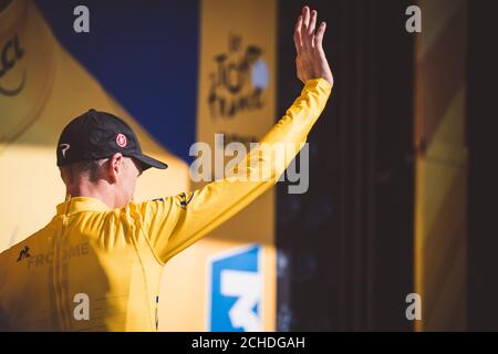 7 juillet 2017, France; Cyclisme, Tour de France Stage 7: Chris Froome sur le podium. Banque D'Images