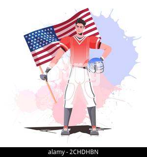 Joueur de football américain tenant le drapeau des États-Unis heureux fête du travail concept man dans l'illustration pleine longueur de vecteur de sportswear Illustration de Vecteur