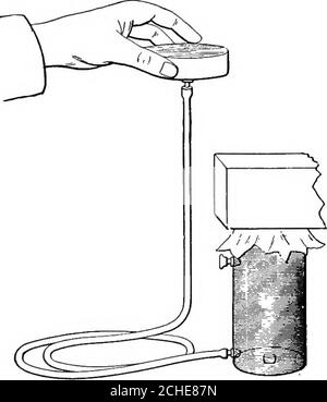 . La science physique élémentaire inductive avec un appareil peu coûteux, et sans équipement de laboratoire . CH ^ XP 21 £. EXP. 22. Tube suspendu à l'intérieur d'un seau pour attraper l'eau; avec onetube horizontal, l'autre à n'importe quel angle; avec des tubes aux angles différents imitant une fontaine de pelouse; avec des bothtubes horizontaux et sous l'eau; etc Inférence. À quel point ou à quels points exactement la pres-sure appliquée qui provoque la rotation ? EXP. 22. Remplissez l'appareil et le tube en caoutchouc avec de l'eau. Pour remplir ce dernier, laissez-le reposer sur la table, et versez DES EXPÉRIENCES D'EAU. 25 eau dans l'appareil; puis, quand l'eau Banque D'Images