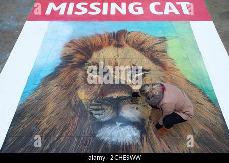 Une affiche de craie de 6 x 4 mètres, commandée par l'initiative Big Cats de National Geographic et créée par l'artiste de rue Dean Zeus Colman, est dévoilée à Paternoster Square, Londres, pour souligner la disparition inquiétante des lions. Banque D'Images