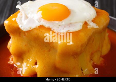 Francesinha est un sandwich unique composé de pain grillé, de boeuf, de saucisses, de jambon et de fromage, surgit dans une riche bière infusée sauce tomate en gros plan Banque D'Images