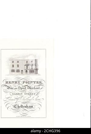 Publicité commerciale du XIXe siècle c1826 pour Henry pointer, Wine & Spirit Merchant, Cheltenham, Royaume-Uni - avec Etching de ses locaux du début du XIXe siècle Banque D'Images