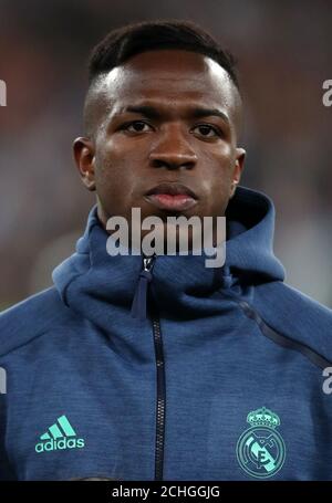 Le Vinicius Junior du Real Madrid lors de la manche de la Ligue des champions de l'UEFA de 16 première jambe de match au Santiago Bernabeu, Madrid. Banque D'Images