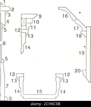 . Bâtiment avec assurance . Salon M-254 pièces en bois détaillées ci-dessous pour une illustration individuelle des pièces, voir les pages indiquées dans la dernière colonne. 1 moulure de crique M-8061 2 capuchon Wainscot ^ ^o;-^ 3 moulure de crique/-•••^^^^^^ 4 rail supérieur de panneau M- 555 5 panneau moulé M-8619 6 panneau laminé. .. M- 254 7 base M-8790 8 base patin M-8422 9 moulure de capuchon M-8712 10 filet, %xr M-8614 11 congé M-8621 page 376 12 bande arrière M-8713 391 ooo 13 moulure M-8619 381 *^°^ 14 boîtier M-8711 390 208 15 montant de porte, 381 53^ moulure de couronne M-8424 397 88 16 large, 397 33^ ....M-8533 376 397 17 moulure de couronne. Banque D'Images