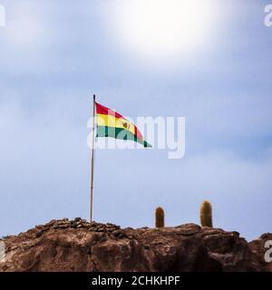 Drapeau bolivien national sur le mât au milieu du géant cactus Banque D'Images