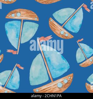 Motif sans couture sur le thème de la mer peint aquarelle avec des bateaux sur fond bleu Banque D'Images