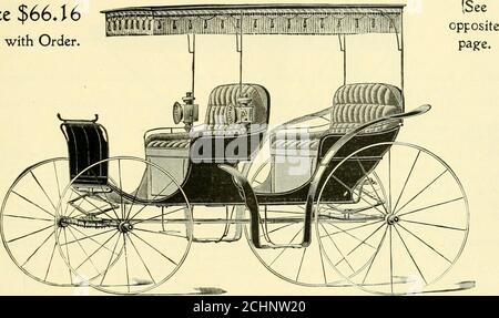 . N° spécial 12 : buggies Muncie . FRÊNE : meilleur cuir verni. Lorsque le tableau de bord d'aile est souhaité, nous facturons des frais supplémentaires. PIÈCES DE FORGE : meilleurs clips et boulons en fonte Norvège. RAPPORT—choisi en noyer de deuxième croissance, repassé de la meilleure manière possible, boulon d'essieu arrière. Notre cinquième roue ne casse jamais. Huit agrafes sur l'essieu. PEINTURE— ody, noir; engrenages, vert foncé ou carmin, joliment rayé. SIÈGES de 17 po, dossiers pleins à panneaux, hauteur de 20 po. RESSORTS trempés à l'huile, demi-double balayage. Très facile à conduire. TOIT, forme coupé, franges en boucle et filaires, rideaux latéraux en caoutchouc et tablier tempête. GARNITURES 18 oz, tout-laine, vert foncé teint par laine, b Banque D'Images