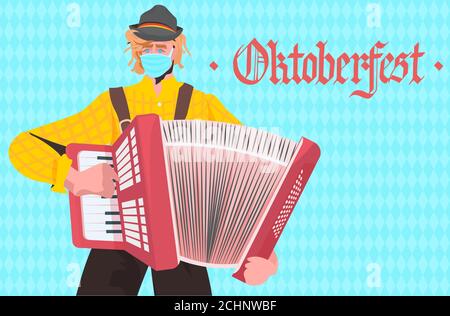 Homme jouant sur l'accordéon Oktoberfest fête fête fête fête fête fête fête fête fête fête fête fête fête fête tenue par un musicien masque pour prévenir la pandémie du coronavirus portrait illustration du vecteur horizontal Illustration de Vecteur