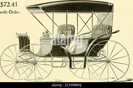 . N° spécial 12 : buggies Muncie . HEST Norvège clips et boulons en fer.GEARâSelected second-growhic3, repassés de la meilleure manière possible, boulon d'essieu arrière. Notre cinquième roue ne casse jamais. Pinces de hauteur sur essieu.PAINTINGâBody, noir; engrenages, vert foncé ou carmin, joliment rayé.SEATSâ17 pouces, panneaux massifs, 20 pouces de haut.SPRINGSAOREN trempé à l'huile, demi-double balayage. Très facile à conduire.TOPâQuarters et séjours en cuir, toit en caoutchouc, rideaux latéraux et arrière, laine, doublure de tête et rideau arrière de 10 oz, dortoirs doublés de tissu de corps.FINITIONS â18 oz., toute la laine, laine teint vert foncé tissu de corps coussin an Banque D'Images