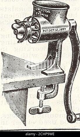 . 1915 Griffith et Turner Co. : fournitures agricoles et de jardin . Une machine robuste, rapide et durable.Pares très proche extrémités de botli de pomme. En passant l'extrémité de la fourchette, le couteau recule, laissant l'ampelloom pour placer la pomme sur laDoes pas le noyau ou la tranche. Pousser-oftitomatic. Prix, 75c. Chacun.. LE HACHOIR UNIVERSALFOOD hache toutes sortes de viande, cru ou cuit, et toutes sortes de fruits andegetables — en fait, tout ce qui est habituellement haché dans un bol d'achopping- en morceaux propres.morceaux uniformes, fins ou grossiers, arecherchés, sans orpresser, et avec beaucoup de rapidité.No 0, petite famille, trois Banque D'Images