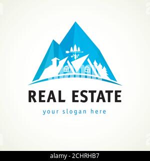 Maisons en montagne vecteur vitrail logo. Panneau pour les affaires immobilières ou les chalets d'hôtel. Agence immobilière, bâtiment, assurance, achat, investissement Illustration de Vecteur