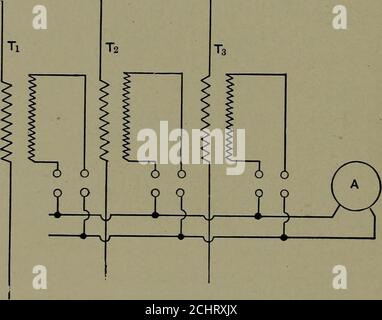 . Développement et distribution électrique de l'alimentation en eau . Figure 74. au circuit, et le voltmètre est connecté au côté secondaire du transformateur. Figure 74 montre une ligne triphasée avec les primaires de trois petits transformateurs reliés entre les trois phases 148 DE DÉVELOPPEMENT ET DE DISTRIBUTION D'EAU. Les secondaires quittent les trois petits interrupteurs qui se connectent à une paire de fils menant au voltmètre. Dans n'importe quel commutateur, un seul voltmètre est fait pour indiquer la valeur de chacune des trois phases. Lorsque les systèmes triphasés sont équilibrés, c'est-à-dire que la passi actuelle est égale Banque D'Images