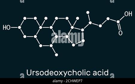 Acide ursodésoxycholique, ursodiol, molécule d'UDCA. Il est utilisé comme cholagogue et cholérétique dans le traitement de la cholélithiase, cholangite biliaire. Skelet Banque D'Images