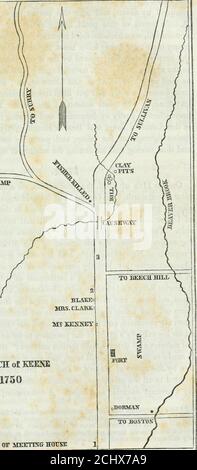 . Annales de la ville de Keene, de sa première colonie, en 1734, à l'an 1790; avec corrections, ajouts, et une continuation, de 1790 à 1815 . TO.ASHSrwaMP. CROQUIS de KEENE1750 1,2,3, SITES 0¥ MEETESf et MAISON 30 ANNALES DE KEENE. La rue, juste au sud du jardin du général Wilsons, était un étang sur-arrondi par des aulnes, Et après cette période visitée par des canards sauvages.UN peu au sud de cet étang, au milieu de la rue, était la colline aconique, sur laquelle la troisième maison de réunion a été placée. Andmany hommes maintenant vivant ont les souvenirs les plus désagréables de l'horrible voyage causé par le profond, adhésif Banque D'Images