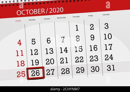 Calendrier du mois octobre 2020, date limite, 26, lundi. Banque D'Images