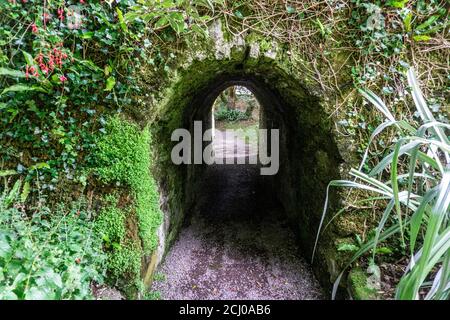 Une arche de jardin en pierre couverte de mousse et de lierre sous une route menant à une autre partie du jardin. Banque D'Images