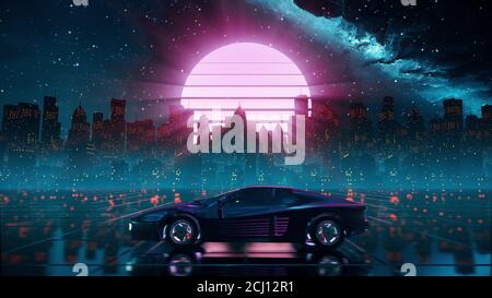 arrière-plan futuriste rétro des années 80. Ville de science-fiction stylisée dans un style outragun Banque D'Images