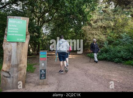 Panneau social distance, « Keep left » au centre d'accueil des grands chênes de la forêt de Sherwood. Banque D'Images