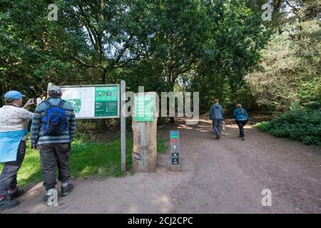 Panneau social distance, « Keep left » au centre d'accueil des grands chênes de la forêt de Sherwood. Banque D'Images